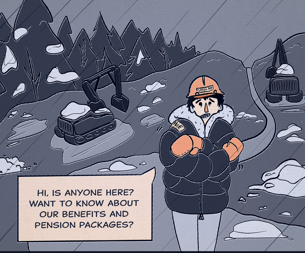 Comic style image of construction worker shivering in the cold