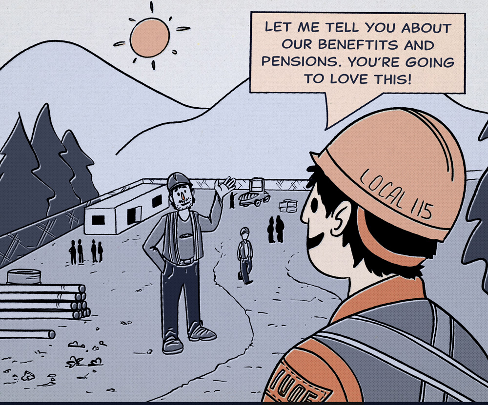 Comic style image of construction worker looking at man waving in the background