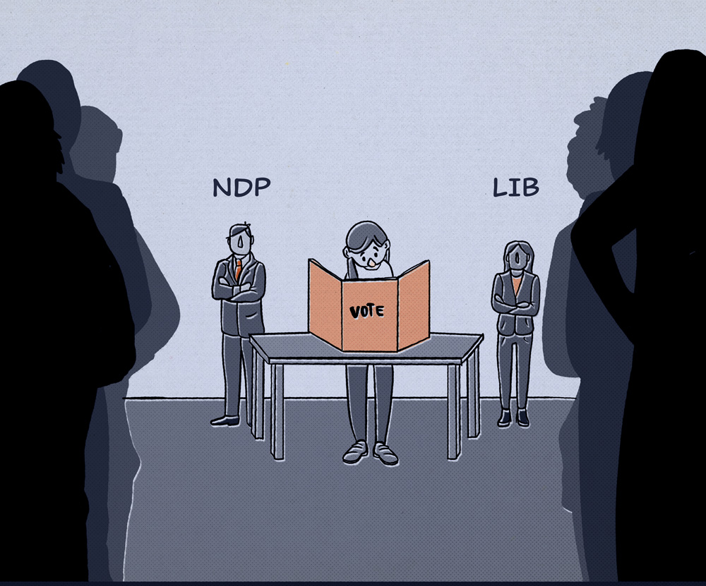 Comic style image of woman voting with men in suits representing NDP on her left and Liberal on her right