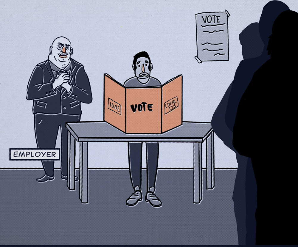 Comic style image of nervous man voting with man sheepishly grinning and rubbing his hands overlooking him representing his employer