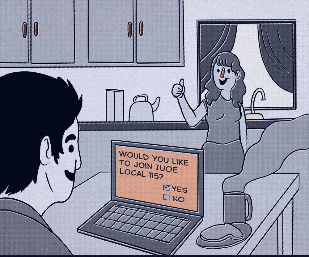 Comic style image of man looking at computer with prompt to join IUOE with woman in background giving a thumbs up