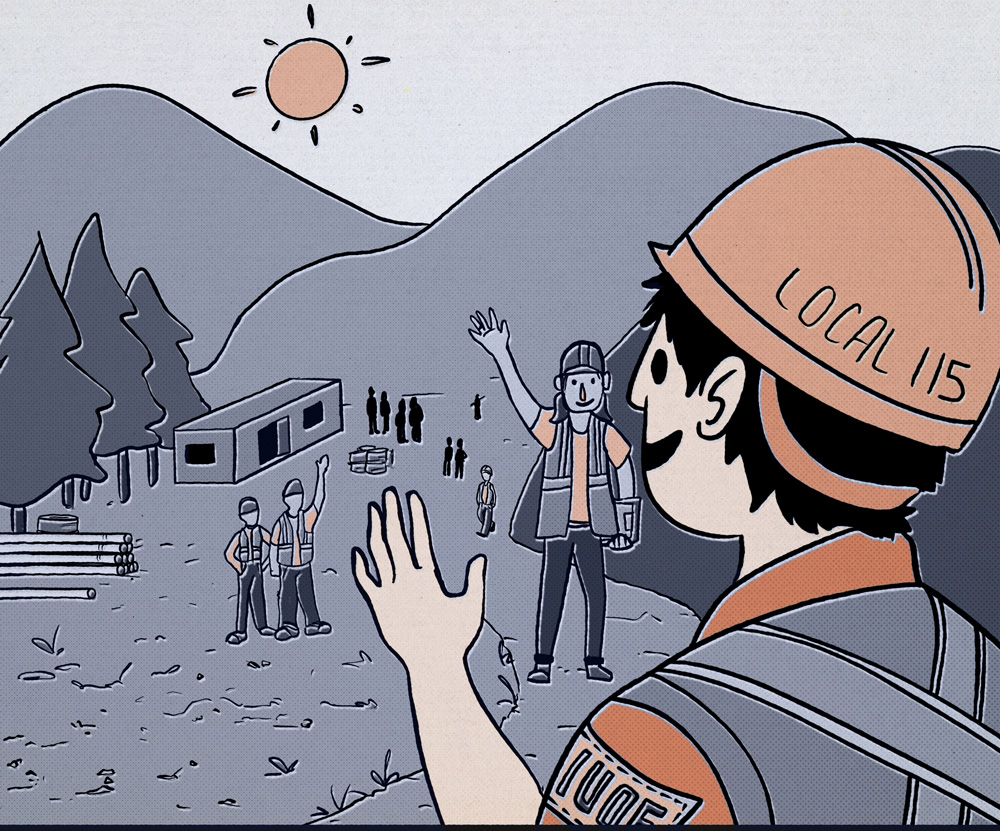 Comic style image of happy construction worker waving at others in the background